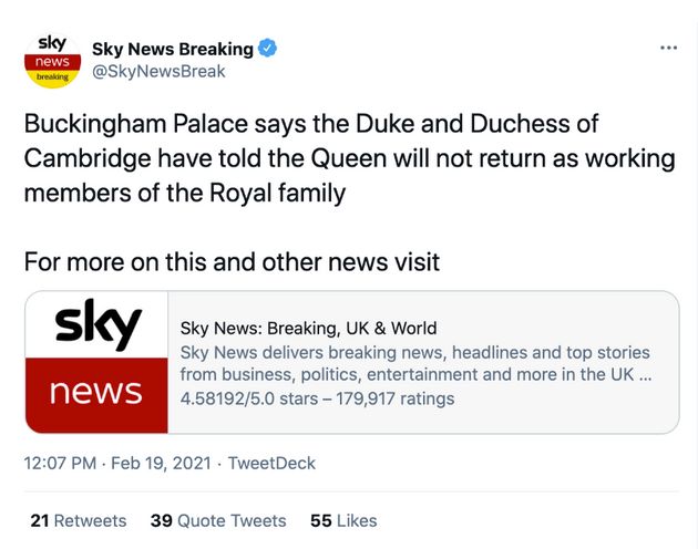 Sky News mistakenly said the Duke and Duchess of Cambridge – William and Kate – were stepping...