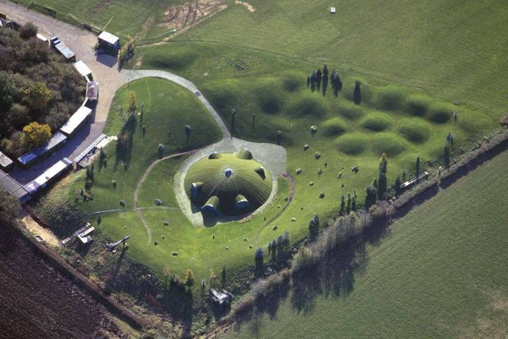 An aerial view of Teletubbyland, Warwickshire, England. The set of The Teletubbies during its filming from 1997 until 2001