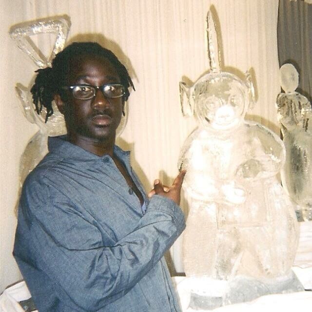John Simmit with an ice sculpture of Dipsy.