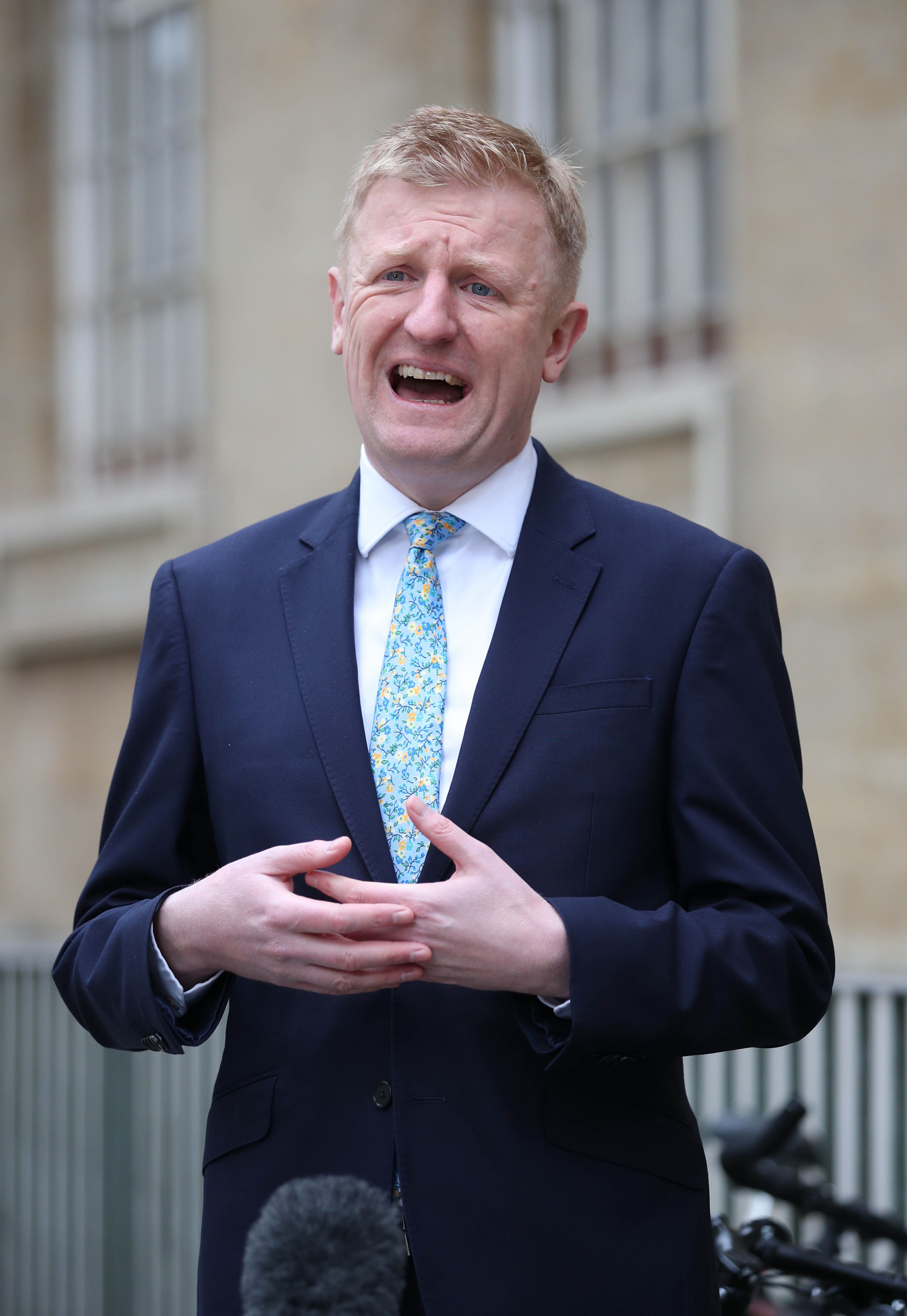 Culture Secretary Oliver Dowden takes part in an on air interview outside BBC Broadcasting House in central...