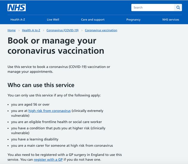 A screenshot of the NHS Covid-19 vaccine booking