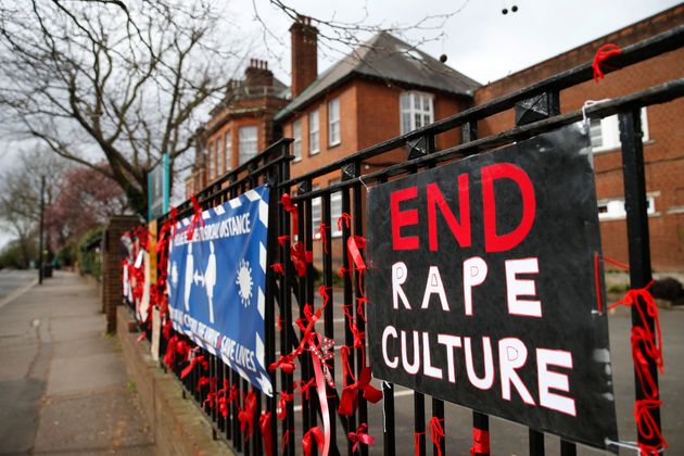  A placard saying 'End Rape Culture' attached to the fence outside James Allen's Girls' School (JAGS)...
