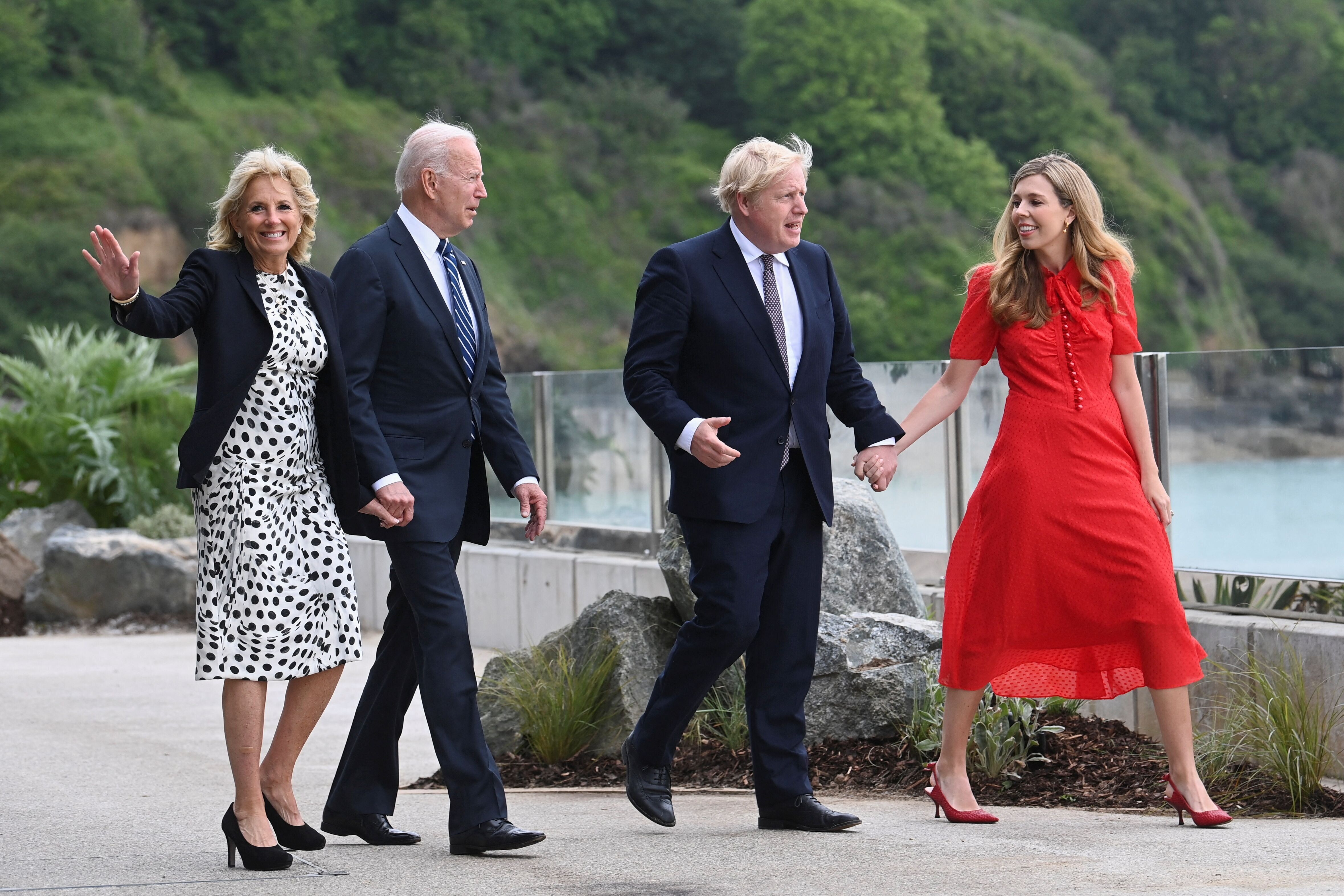 Boris Johnson and his wife Carrie Johnson&nbsp; walk with US president Joe Biden and US first lady Jill...