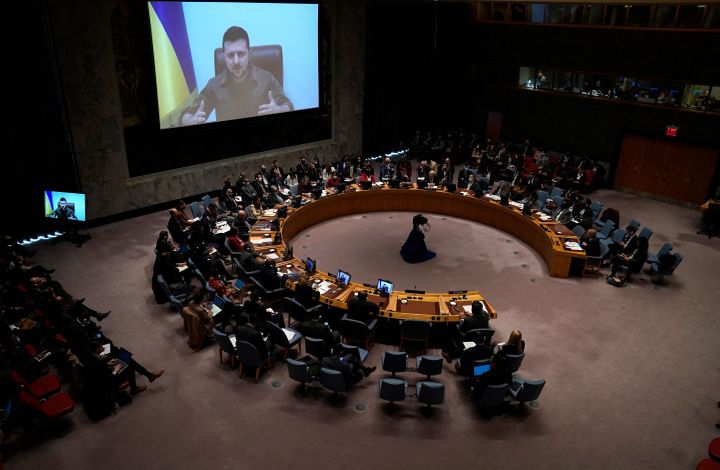 Ukrainian President Volodymyr Zelenskyy remotely addresses a meeting of the United Nations Security Council in New York City on April 5.
