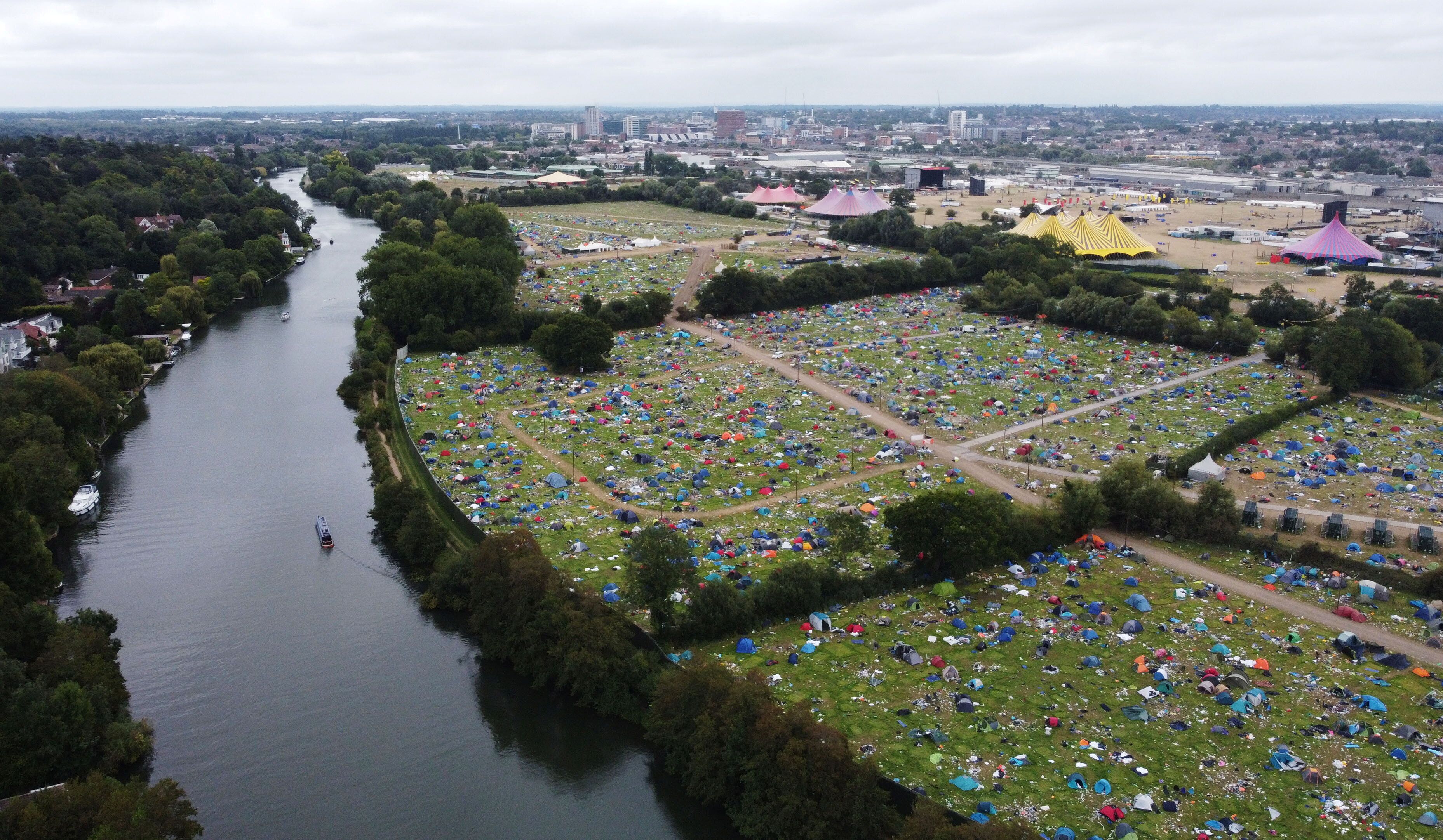 Abandoned tents at the Reading Festival campsite after the event in August 2021.
