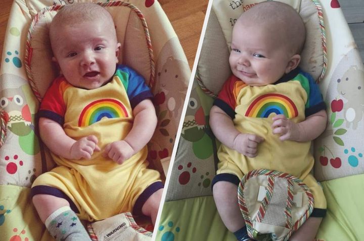 Amie Jones' two sons Dylan and Huw in the family Pride romper.