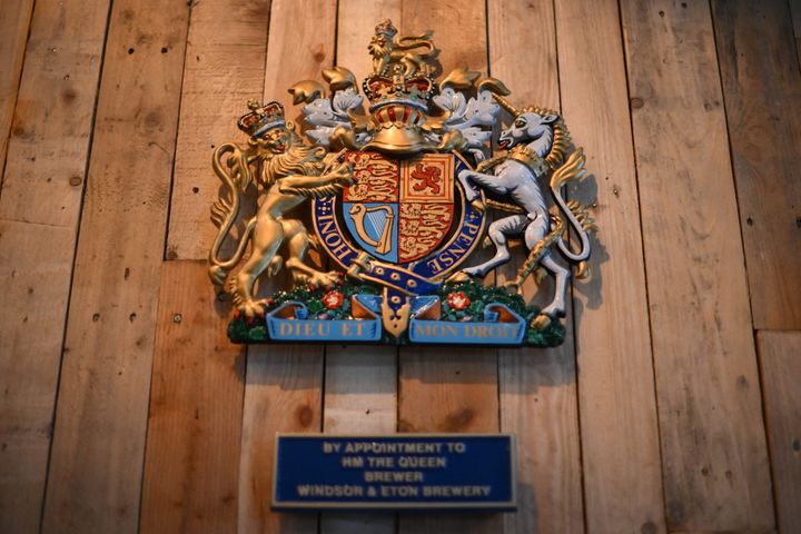 A coat of arms for the appointment of the brewery is seen at the tap bar at Windsor & Eton Brewery