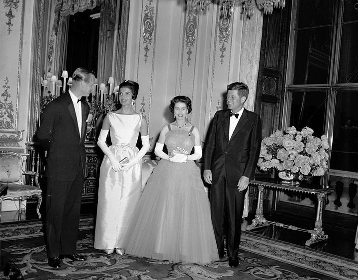 President John Kennedy with his wife Jackie, meeting the Queen and the Duke of Edinburgh at Buckingham Palace in London, 1961