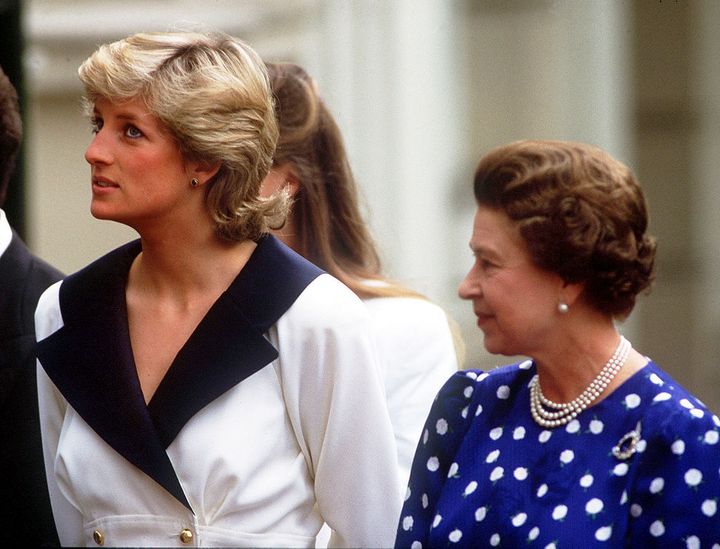Princess Diana with Queen Elizabeth II on the Queen Mother's 87th Birthday, at Clarence House, in 1987