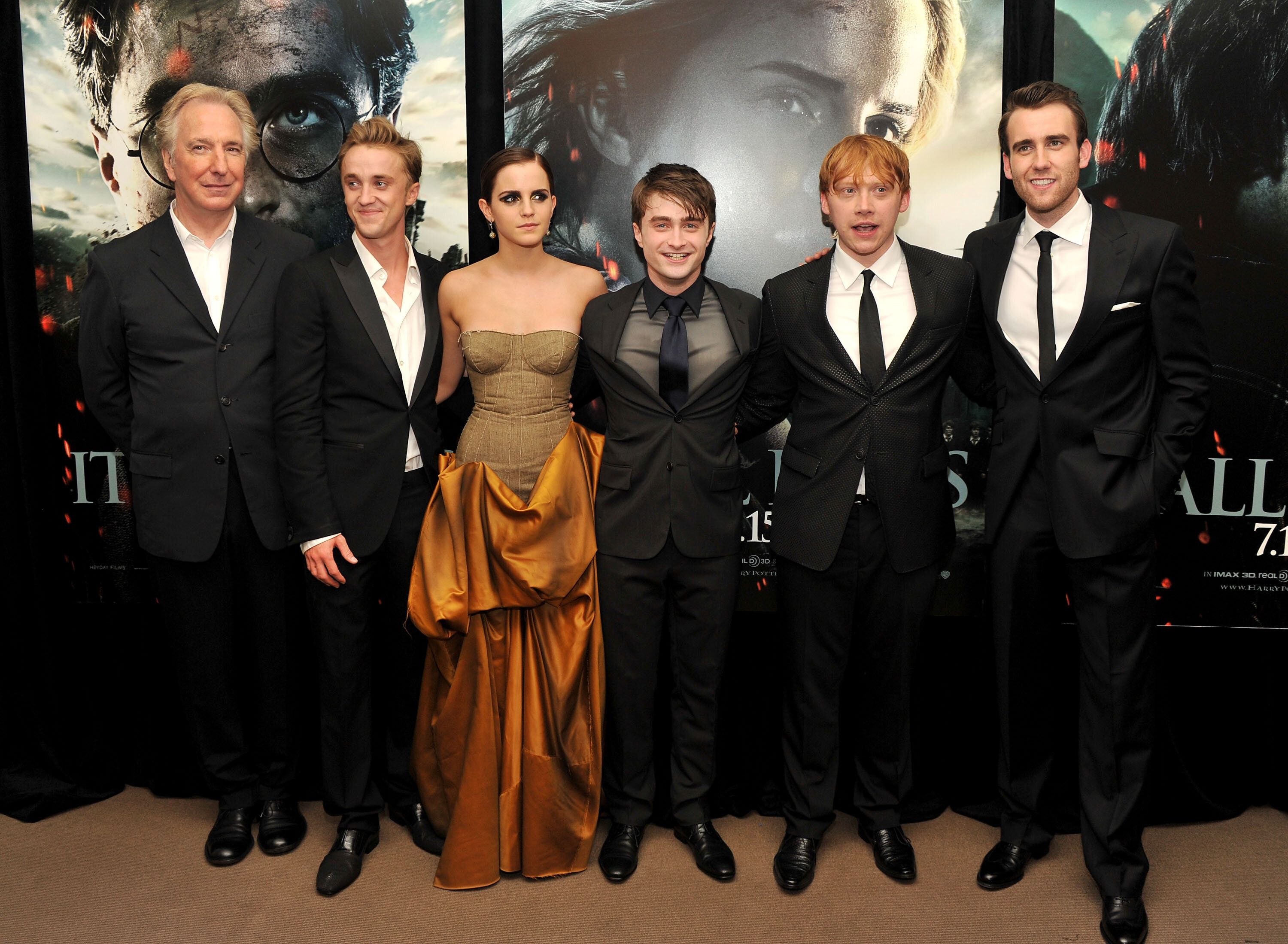 Alan Rickman, Tom Felton, Emma Watson, Daniel Radcliffe, Rupert Grint and Matthew Lewis attend the New York premiere of Harry Potter And The Deathly Hallows: Part 2 in 2011.