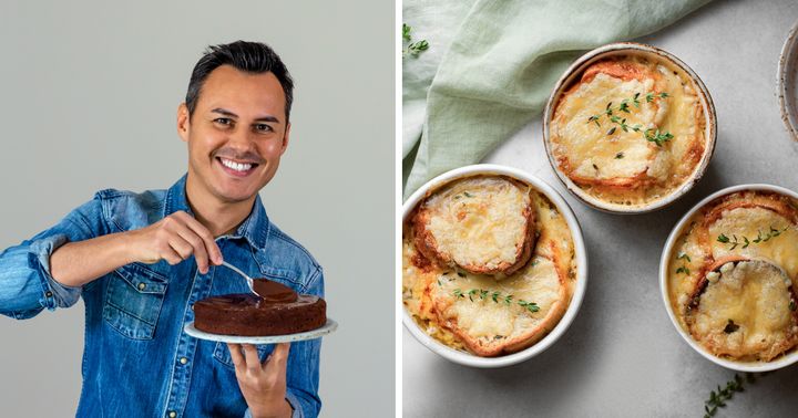 Herve Palmieri with a Black Forest cake, and French onion soups like the ones he makes on Christmas Eve.