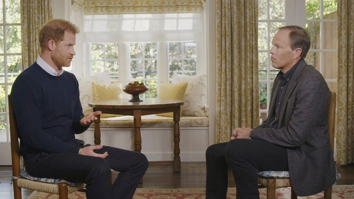  Prince Harry, left, speaking during an interview with ITV's Tom Bradby for the programme Harry: The Interview.
