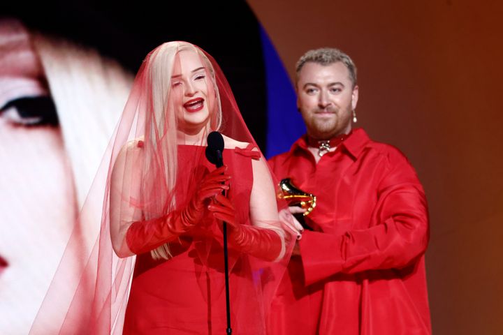 (L-R) Kim Petras and Sam Smith onstage during the 65th GRAMMY Awards at Crypto.com Arena on February 05, 2023 in Los Angeles, California. 