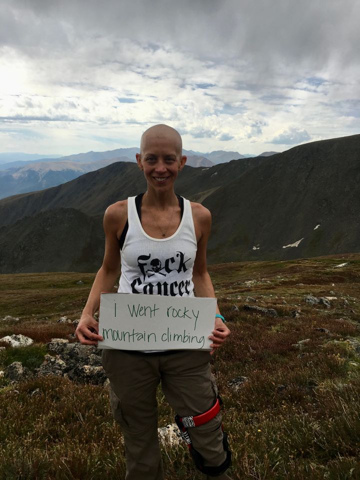 The author climbing a fourteener in Colorado through First Descents in 2016. "First Descents provides the healing power of adventure to young adults impacted by cancer and MS," she writes. "I was the recipient of First Descents’ Out Living It Award in 2021."