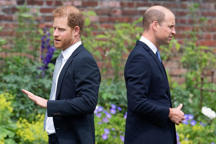 Princes Harry and William attend the unveiling of a statue of their mother, the late Princess Diana, at the Sunken Garden in Kensington Palace on July 1, 2021.