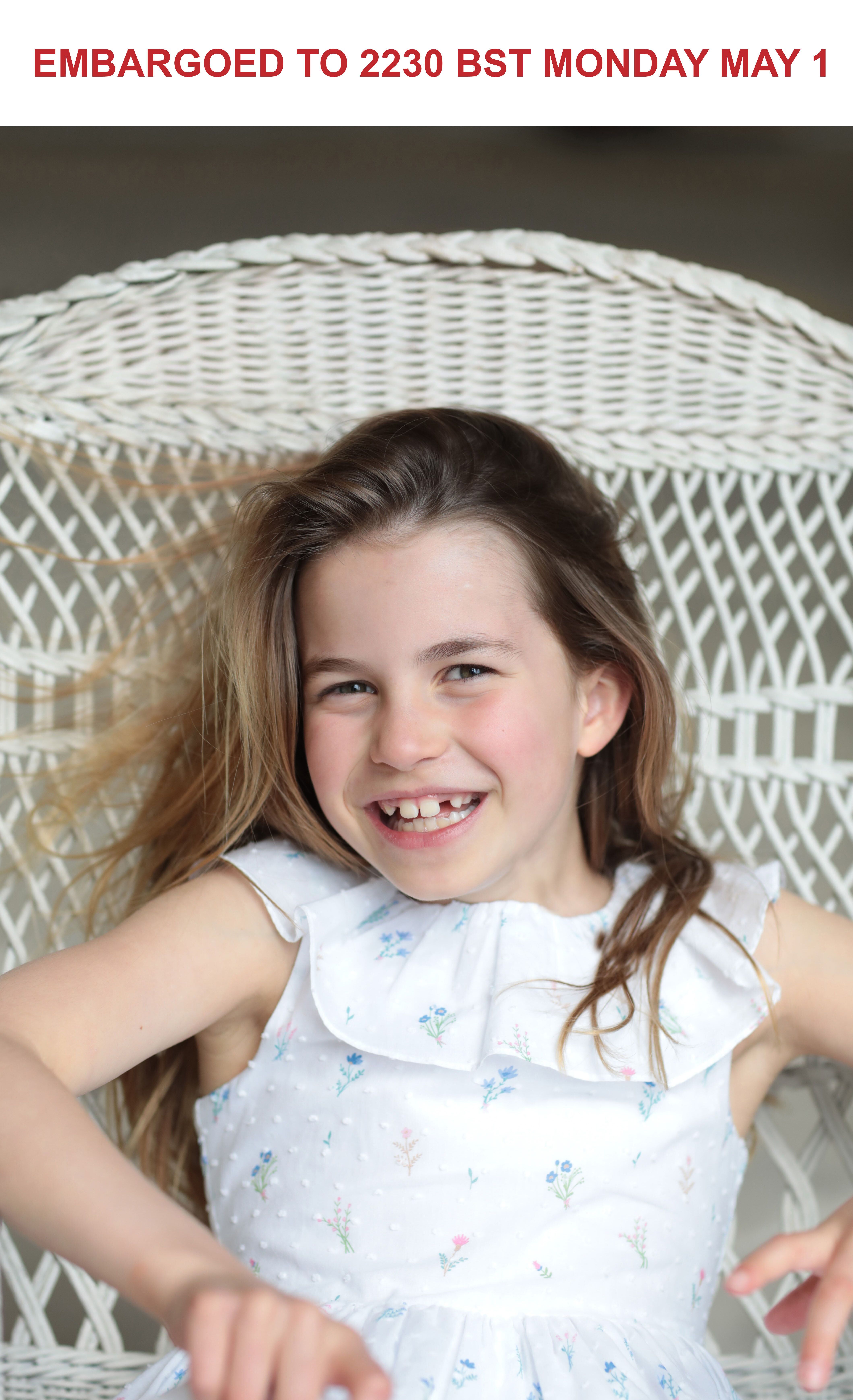 A photo released by Kensington Palace of Princess Charlotte, taken in Windsor this weekend by her mother, the Princess of Wales, ahead of her 8th birthday on Tuesday.