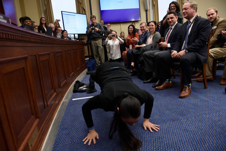 Rep. Sharice Davids (D-Kan.), then a member-elect, did pushups on Capitol Hill in 2018. 