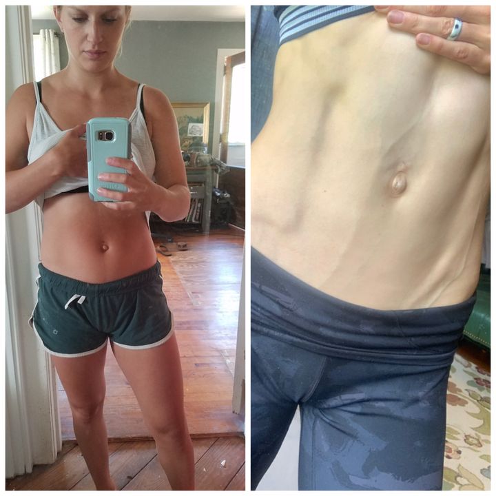 Jordan Musser (left) at two months postpartum vs. Musser (right) at two weeks before her first postpartum competition. The photos were taken just under a year apart, with six of those months spent recovering from childbirth and the other six months actively training for the competition.