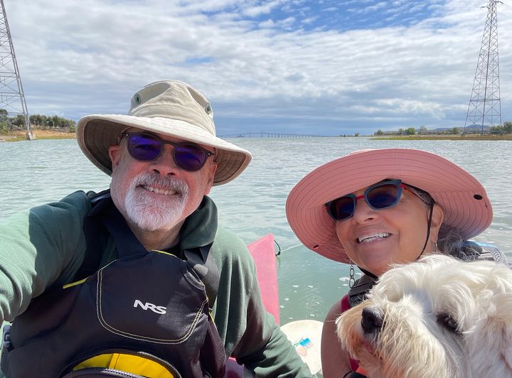 "Kayaking on the sparkling water of the San Francisco Bay with my husband and my Westie, Hamish," the author writes.