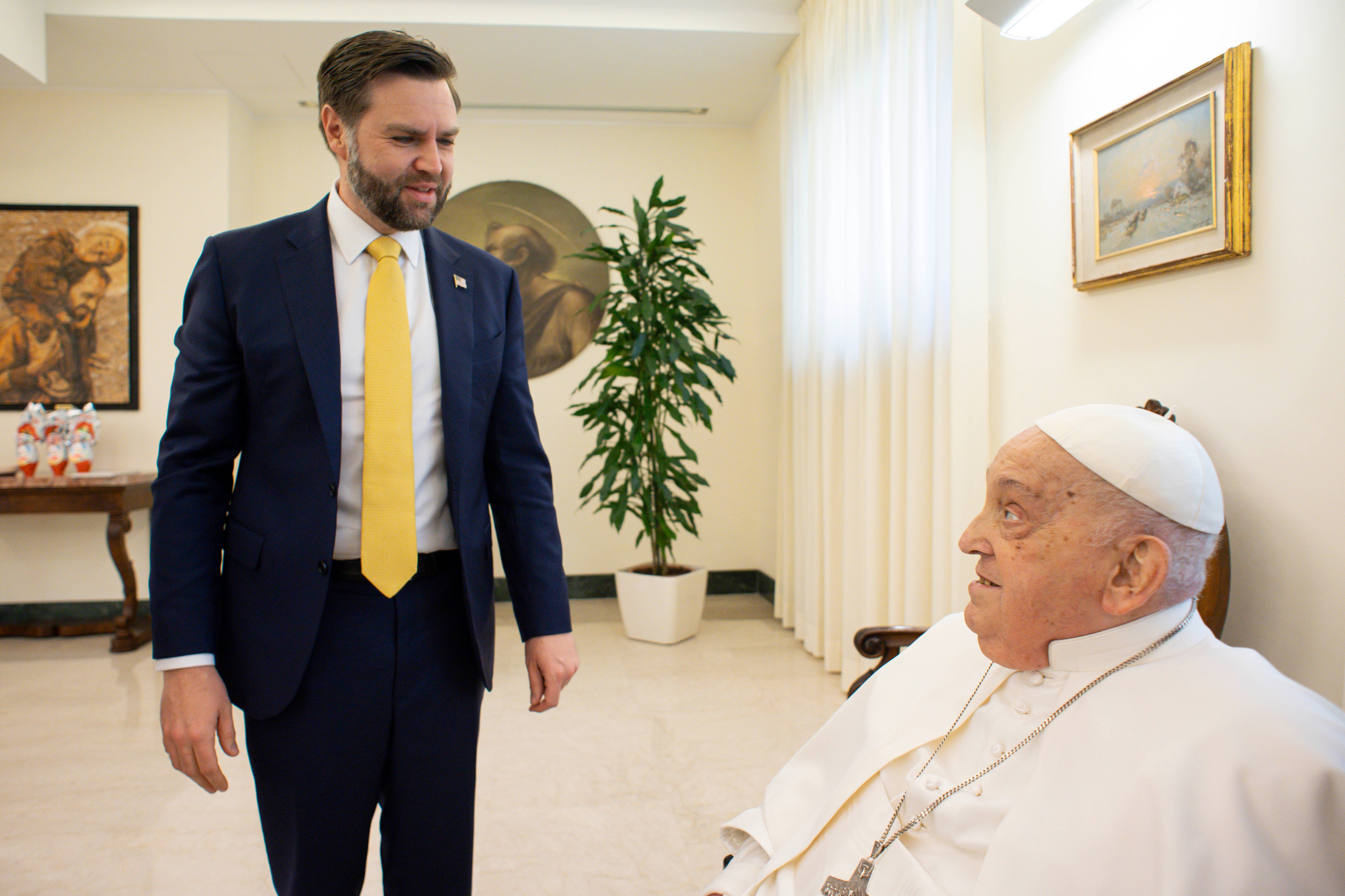Pope Francis meets with U.S. Vice President JD Vance and delegation during an audience at Casa Santa Marta on April 20 in Vatican City, Vatican.