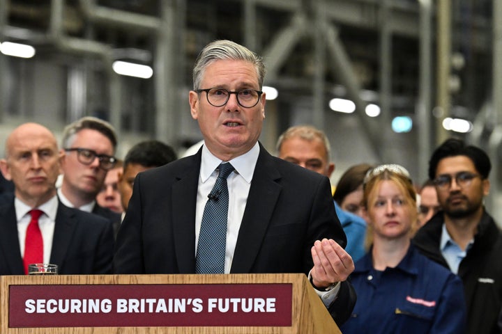 Keir Starmer delivers his speech during a visit to the BAE Systems'Govan facility, in Glasgow, Scotland, Monday June 2, 2025.