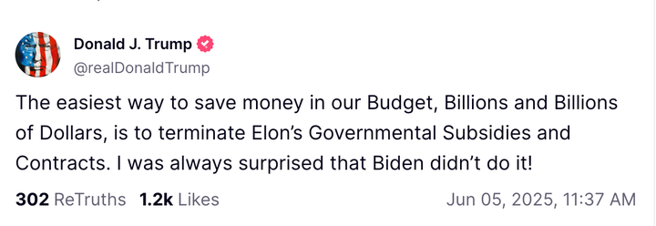Donald Trump Truth Social post about Elon Musk.
