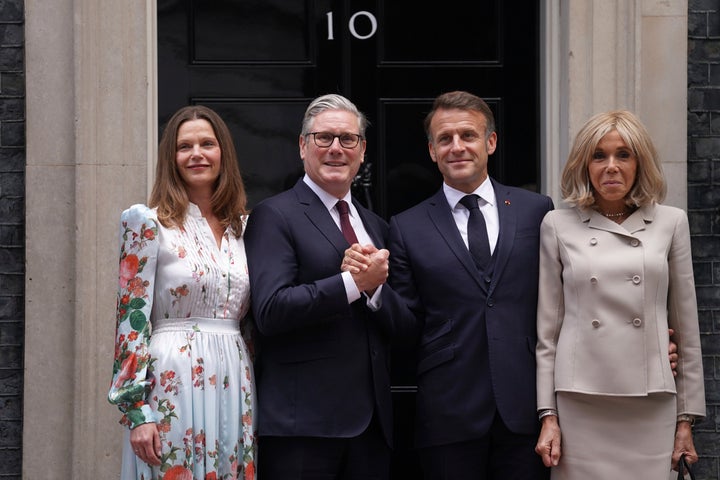 Keir Starmer and wife Victoria welcome French president Emmanuel Macron and wife Brigitte to 10 Downing Street.
