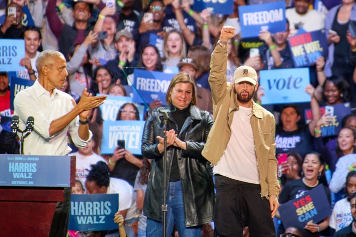 Rapper Eminem introduces former President Barack Obama during a Detroit rally for former Vice President Kamala Harris’ 2024 presidential run.