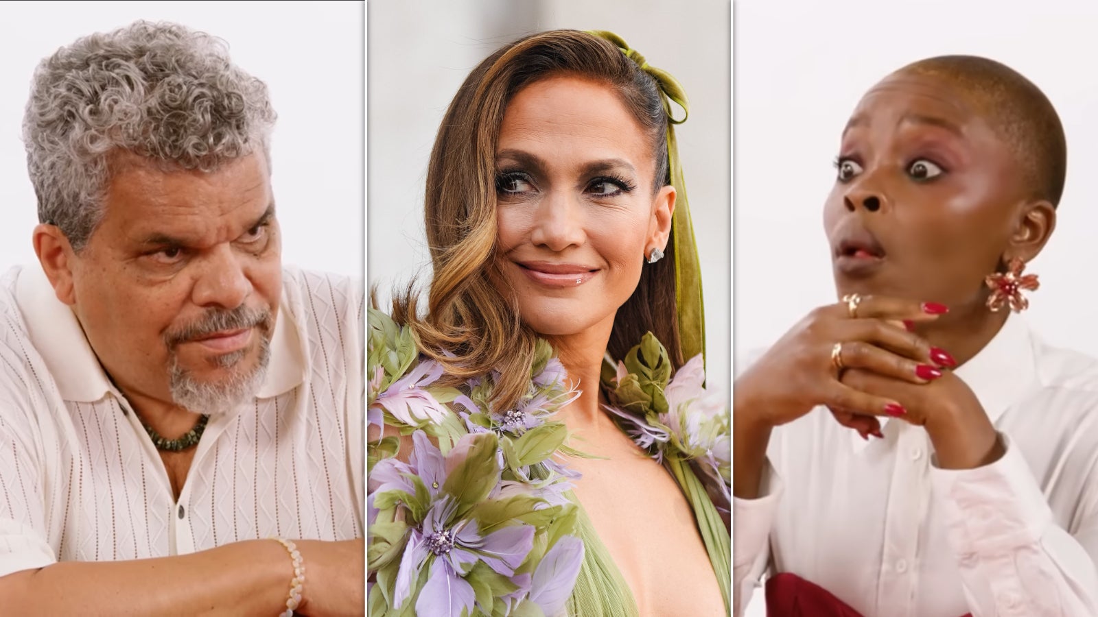 Luis Guzmán's take on working with Jennifer Lopez, center, left his co-star Joy Sunday, right, floored in a recent "Hot Ones" episode.
