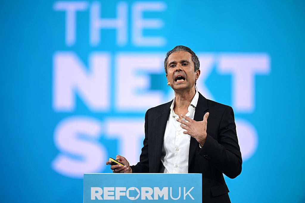 Dr Aseem Malhotra, Cardiologist and Medical Advisor, MAHA Action addresses delegates on day two of the Reform UK party conference at National Exhibition Centre on September 06, 2025 in Birmingham, England. Members of Reform UK gather at the NEC Birmingham for the Party's two-day conference. (Photo by Leon Neal/Getty Images)