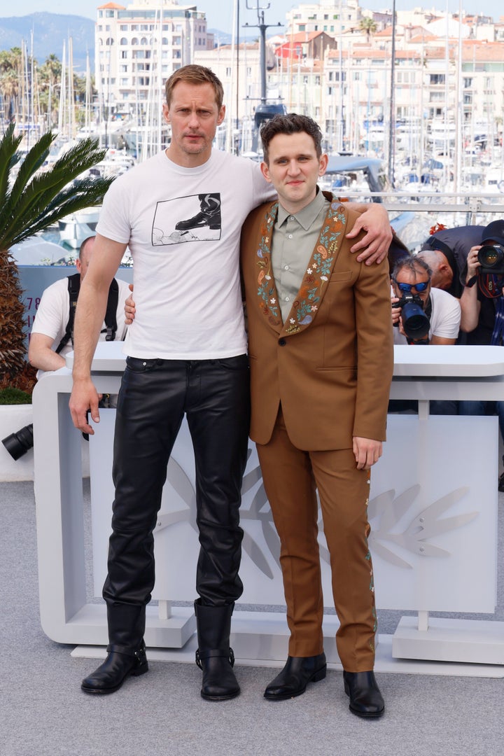 Alexander Skarsgård and Harry Melling at a photo-call for their film Pillion at this year's Cannes Film Festival