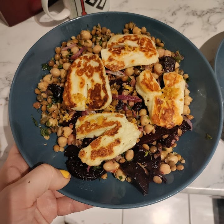 Halloumi, lentil, beetroot salad