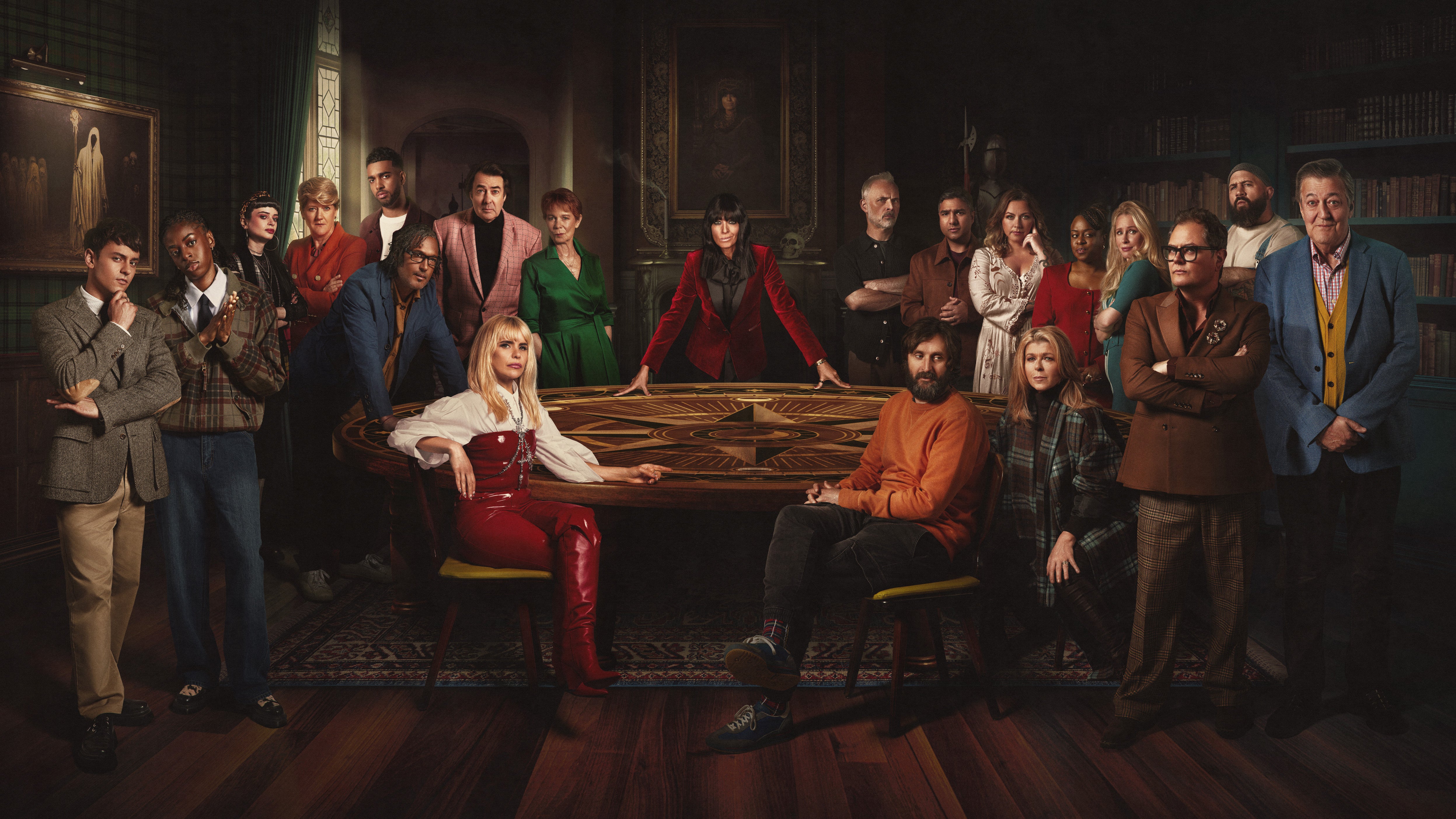 The cast of The Celebrity Traitors pictured with host Claudia Winkleman