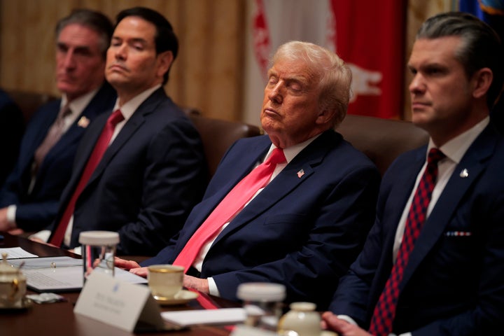 A sleepy President Donald Trump attends a meeting of his Cabinet alongside Interior Secretary Doug Burgum, Secretary of State Marco Rubio and Defense Secretary Pete Hegseth.