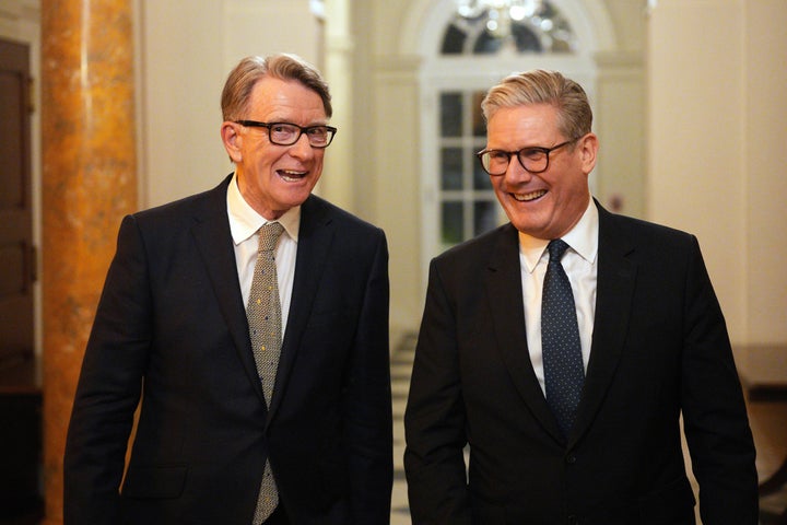 Prime Minister Keir Starmer, with then-ambassador to the United States Peter Mandelson during a welcome reception at the ambassador's residence on Wednesday, Feb. 26, 2025 in Washington.