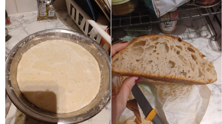 A way overproofed, lightly drying dough on the left: some perfectly fine!! resulting bread on the right