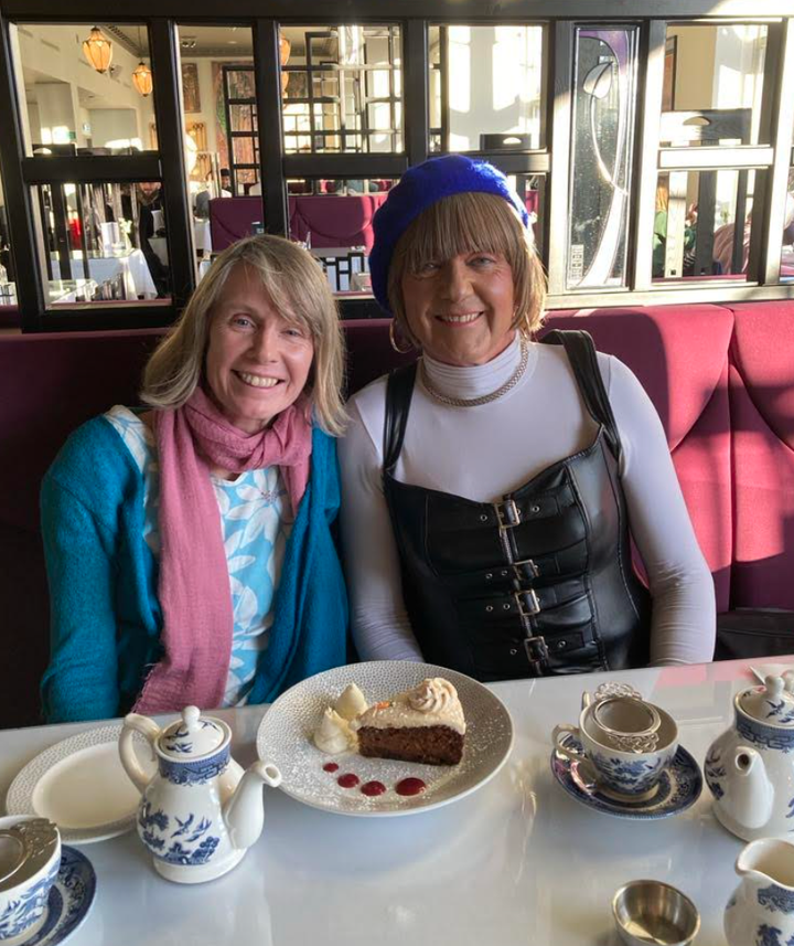 The author (left) having a cup of tea with the ex she hadn’t seen for over 30 years.