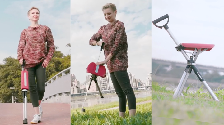 The chair turns from a walking stick to a seat.