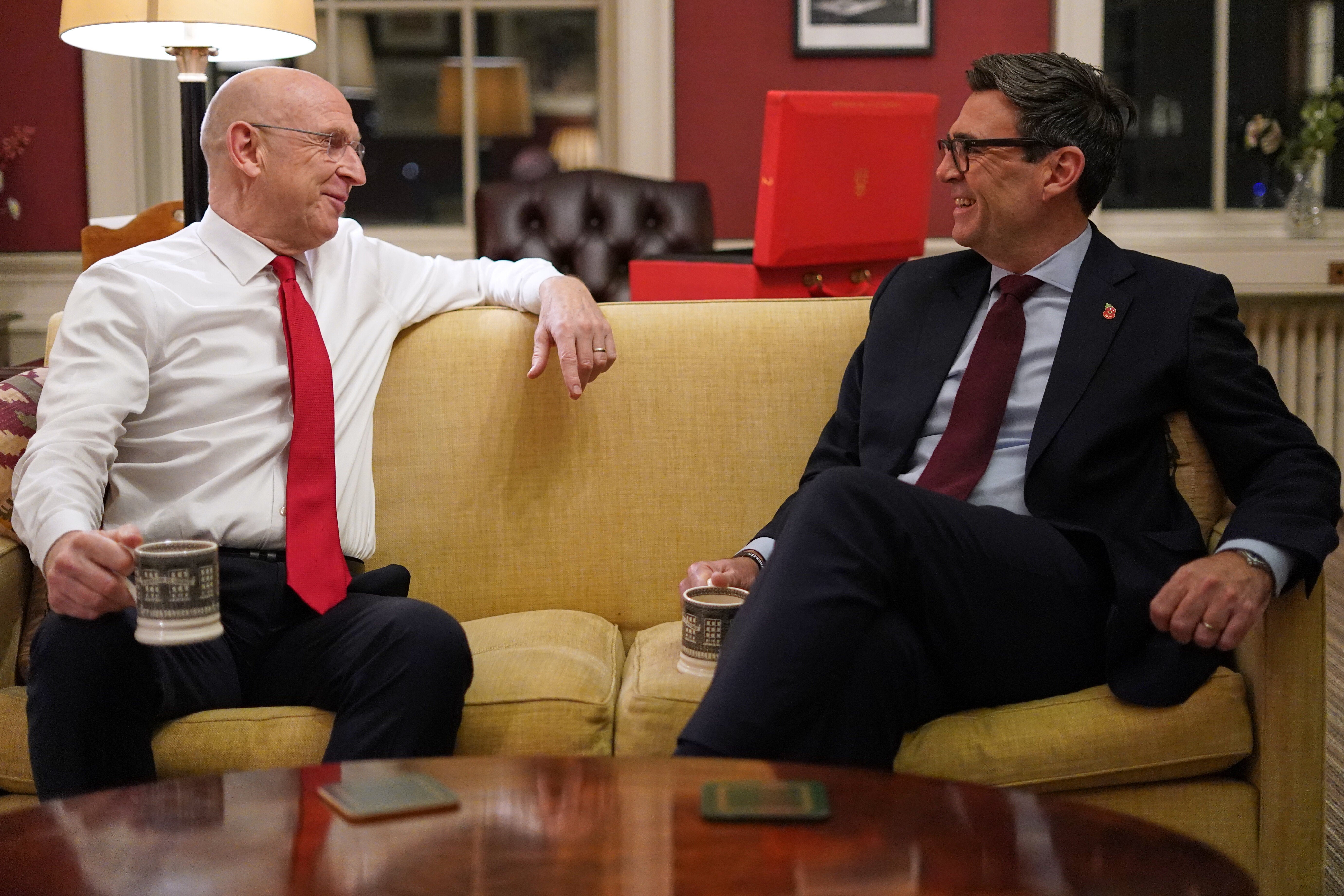 Britain's Prime Minister Andy Burnham, right, and Chancellor of the Exchequer John Healey meet ahead of the UK budget at 11 Downing Street in London, Monday, Oct. 26, 2026. (AP Photo/Alberto Pezzali, Pool)
